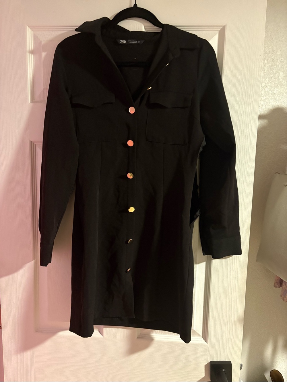 Zara Black Mini Shirt Dress with Gold Buttons